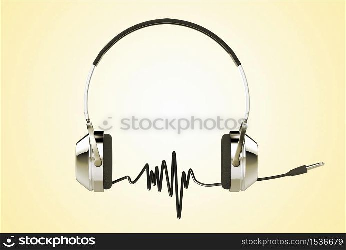 3D rendering of professional headphones with audio cable forming sound waves