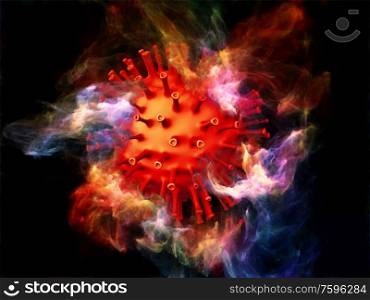 3D Rendering of red Coronavirus virus particle and three-dimensional abstract elements on the subject of interaction of viral bodies and micro environment or immune system