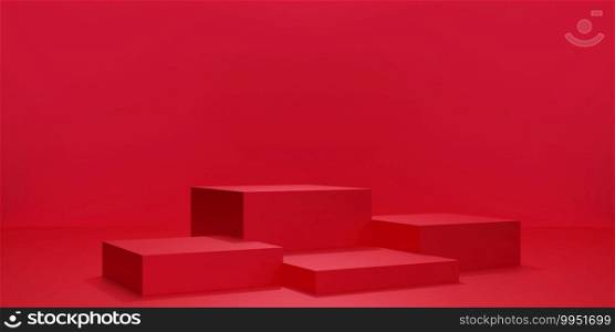 3D rendering of red cube podium or pedestal with empty studio room, product background, template mockup for valentine’s day display, love concept, geometric of square shape
