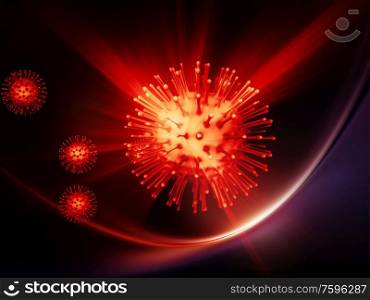 3D Rendering of red viral particles and curved rays of light on the subject of viral infection, Coronavirus epidemic, medicine and health
