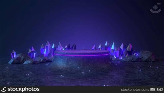 3d rendering of rock podium and blue crystal.