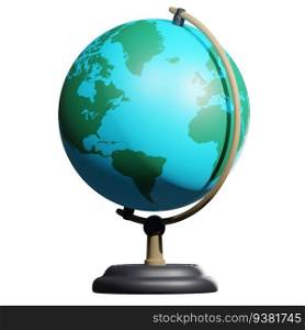 3D rendering of school globe on wooden stand front view. Studying geography of countries and continents at school. Realistic illustration isolated on white background