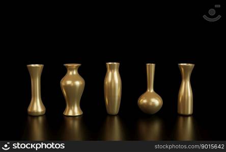 3D rendering of set ceramic gold vase. Different forms of vases for interior design.