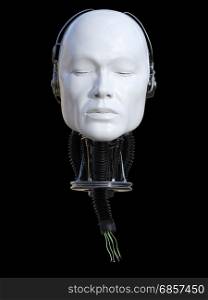 3D rendering of severed male robot head with torn cables coming out from the neck. Black background.