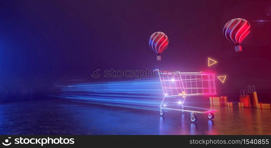 3d rendering of shopping cart and neon light.