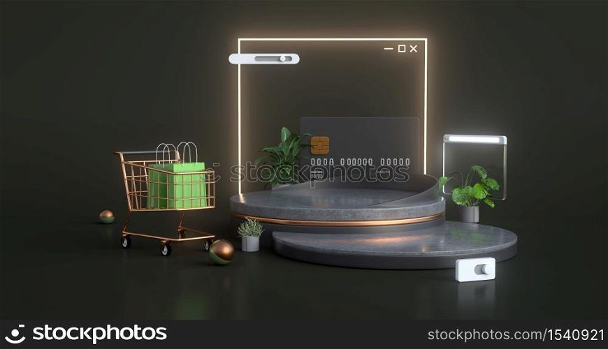 3d rendering of shopping cart and podium.