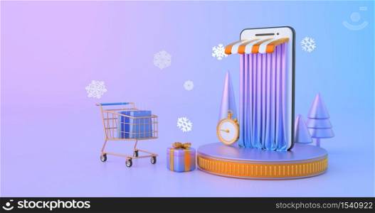 3d rendering of shopping cart and smartphone.