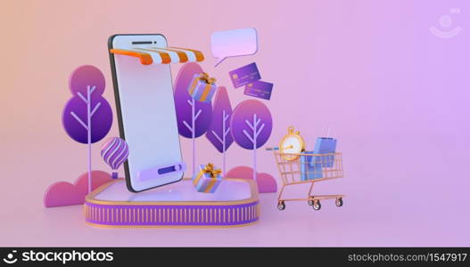 3d rendering of shopping cart and smartphone.