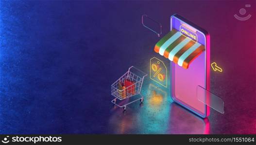 3d rendering of shopping cart and smartphone on concrete floor.