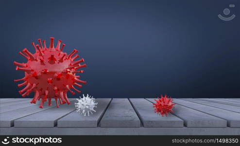 3d rendering of simple covid-19 virus model red text place on concrete panel.