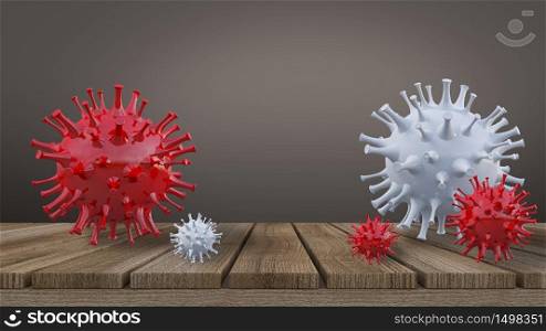 3d rendering of simple covid-19 virus model red text place on wooden panel.