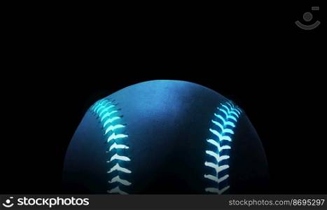 3D rendering of single black baseball ball with bright blue glowing neon lines