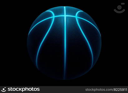 3D rendering of single black basketball with bright blue glowing neon lines sitting in completely black surroundings 