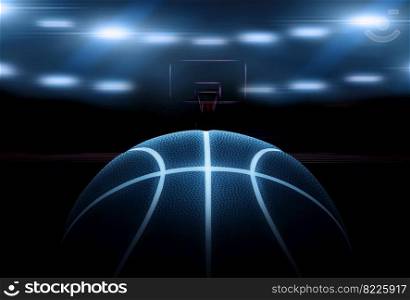 3D rendering of single black basketball with bright blue glowing neon lines in under illuminated floodlights. 3d render