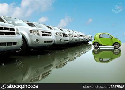 3D rendering of small, eco friendly car in front of a row of large cars