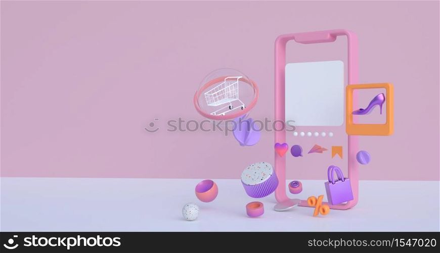 3d rendering of smartphone and shopping cart.