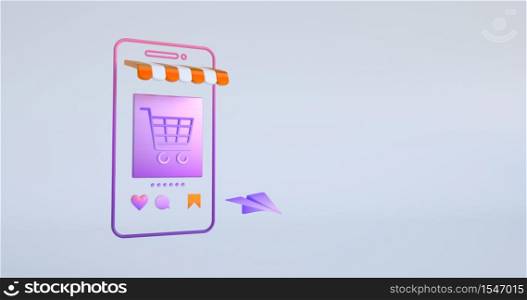 3d rendering of smartphone and shopping cart icon.