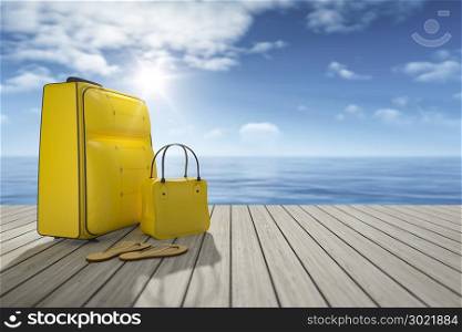 3d rendering of some luggage on a wooden jetty