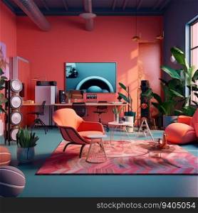3D rendering of Stylish living room interior idea with colorful tone.