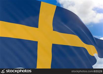 3D rendering of Sweden flag waving on blue sky background, Sweden is a Scandinavian nation in Europe, National Day of Sweden is a national holiday observed in Sweden on 6 June every year