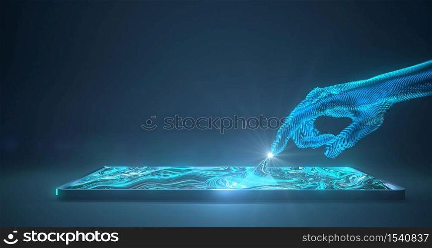 3d rendering of Tablet and hand touch screen.