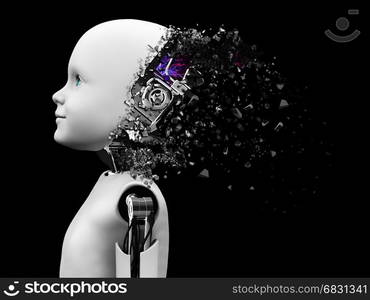 3D rendering of the head of a child robot. The head is breaking apart like it&rsquo;s exploding. Black background.. Child robot head in profile.