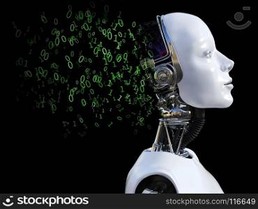 3D rendering of the head of a female robot. The head is breaking apart with zeros and ones coming out of it. Black background.. 3D rendering of female robot head that shatters with zeros and ones.