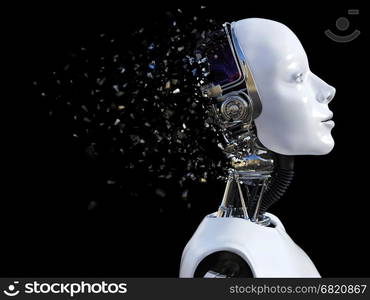 3D rendering of the head of a female robot. The head is breaking apart. Black background.