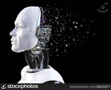 3D rendering of the head of a male robot. The head is breaking apart like it's exploding. Black background.