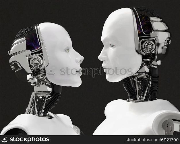 3D rendering of the heads of a female and male robot. They are looking at each other. Black background.