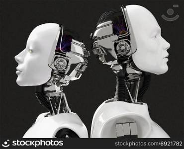 3D rendering of the heads of a female and male robot. They have their heads turned away from each other, standing back to back. Black background.. 3D rendering of the heads of a female and male robot.