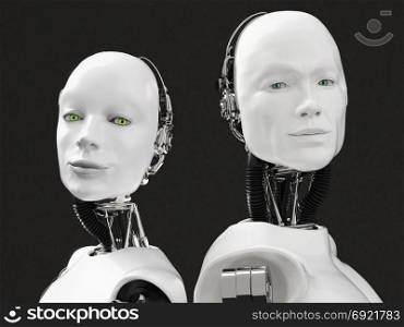 3D rendering of the heads of a female and male robot. They have their heads turned to the camera, standing back to back. Black background.. 3D rendering of the heads of a female and male robot.