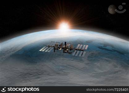 3D rendering of the International Space Station orbiting the Earth