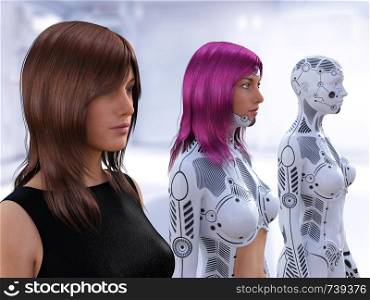 3D rendering of three women in different stages of the evolution of robots. Robot technology concept.. 3D rendering of the evolution of female robots.