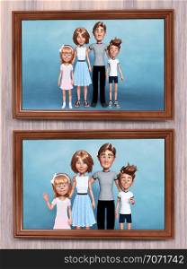 3D rendering of two framed cartoon family portraits that is hanging on the wall.. 3D rendering of two cartoon family portraits on the wall.