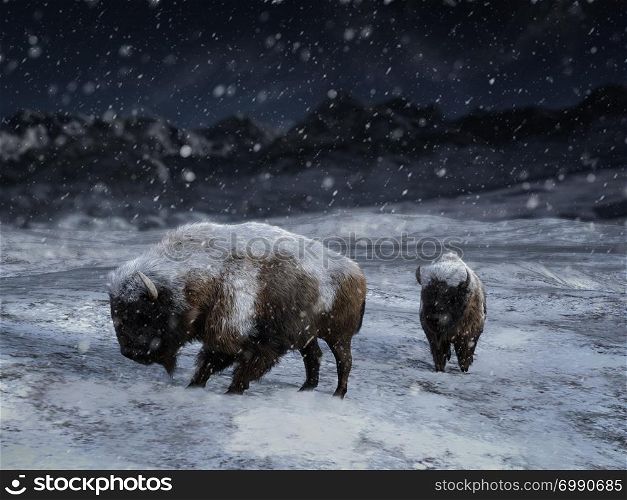 3D rendering of two majestic bison or buffalo in a winter landscape surrounded by snow.. 3D rendering of two majestic bison in a winter landscape.