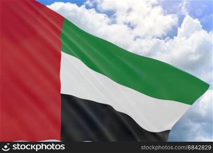 3D rendering of United Arab Emirates flag waving on blue sky background, National Day. Formation of federation of seven emirates on independence from the UK in 1971