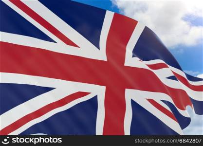 3D rendering of United Kingdom flag waving on blue sky background, Great Britain flag