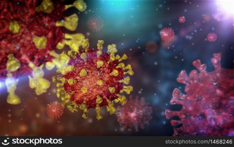 3D rendering of virus on blue and red background. Coronavirus COVID-19 microscopic virus corona virus disease 3d illustration.