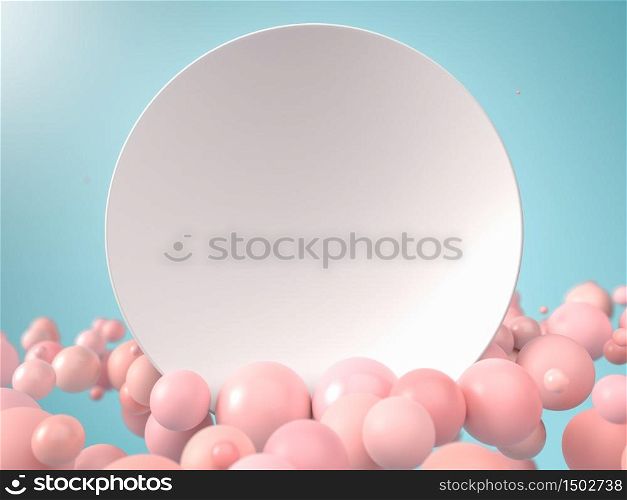 3d rendering of white blank round sign or plate surrounded with pink soft balls. Perfect background or mockup for placing your text or object. Copyspace. 3d render of white blank round sign or plate surrounded with pink soft balls. Perfect background or mockup for placing your text or object. Copyspace