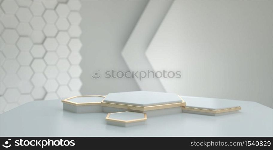 3d rendering of white hexagonal podium.