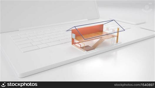 3d rendering of white laptop and home structure.