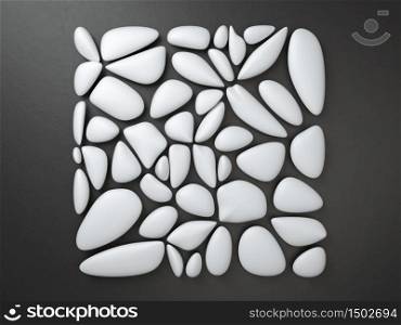3d rendering of white pebbles over black background forming square frame. Abstract minimalist image of white stones on black surface. 3d render of white pebbles over black background forming square frame. Abstract minimalist image of white stones on black surface
