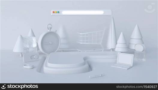3d rendering of white podium and website icon.