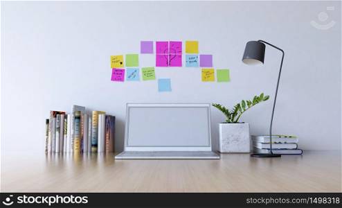 3d rendering of wooden working table which have laptop, book,notebook,decoration small tree in marble box , desk lamp and have colorful sticky note on the white cracked concrete wall as background. Business concept.