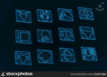 3d rendering of zodiac signs pack on dark blue background