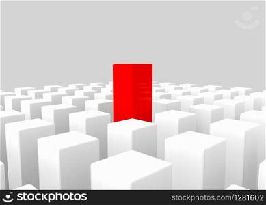 3d rendering. one red long cube box is outstanding from the other white group. leader of teamwork in business concept.