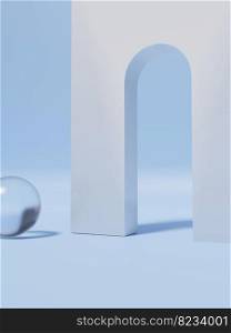 3D Rendering Pastel Sky Blue Minimal Geometric or Abstract with Arch Door Props Product Display Background for Beauty or Fashionable Products.