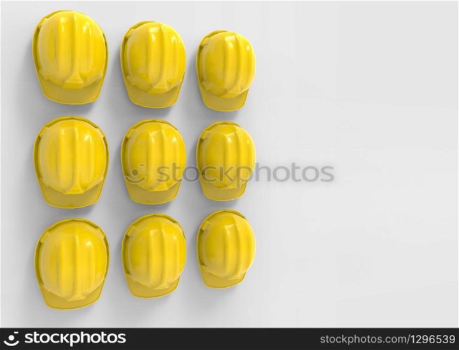 3d rendering. Perspective view of A group of safty helmet hat hanging on copy space gray wall background.
