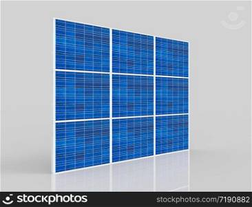 3d rendering. perspective view of A slim blue solar cell panel plate wall with clipping path on gray background.